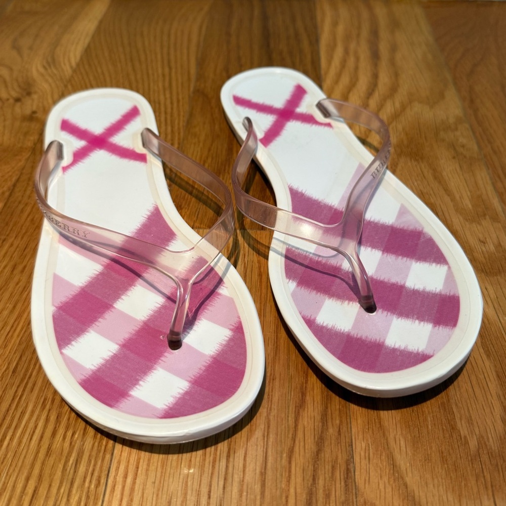 Pre-owned Burberry Pink and White Rubber Sandals / Flip Flops Size 37